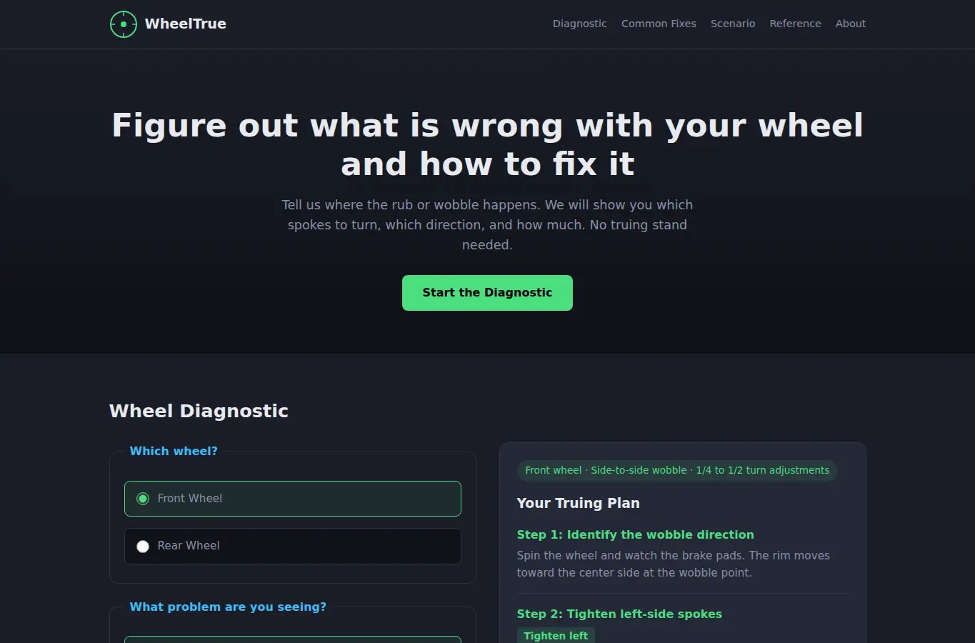 Screenshot of WheelTrue: Spoke Tension and Truing Diagnostic Guide interface showing the project page in use